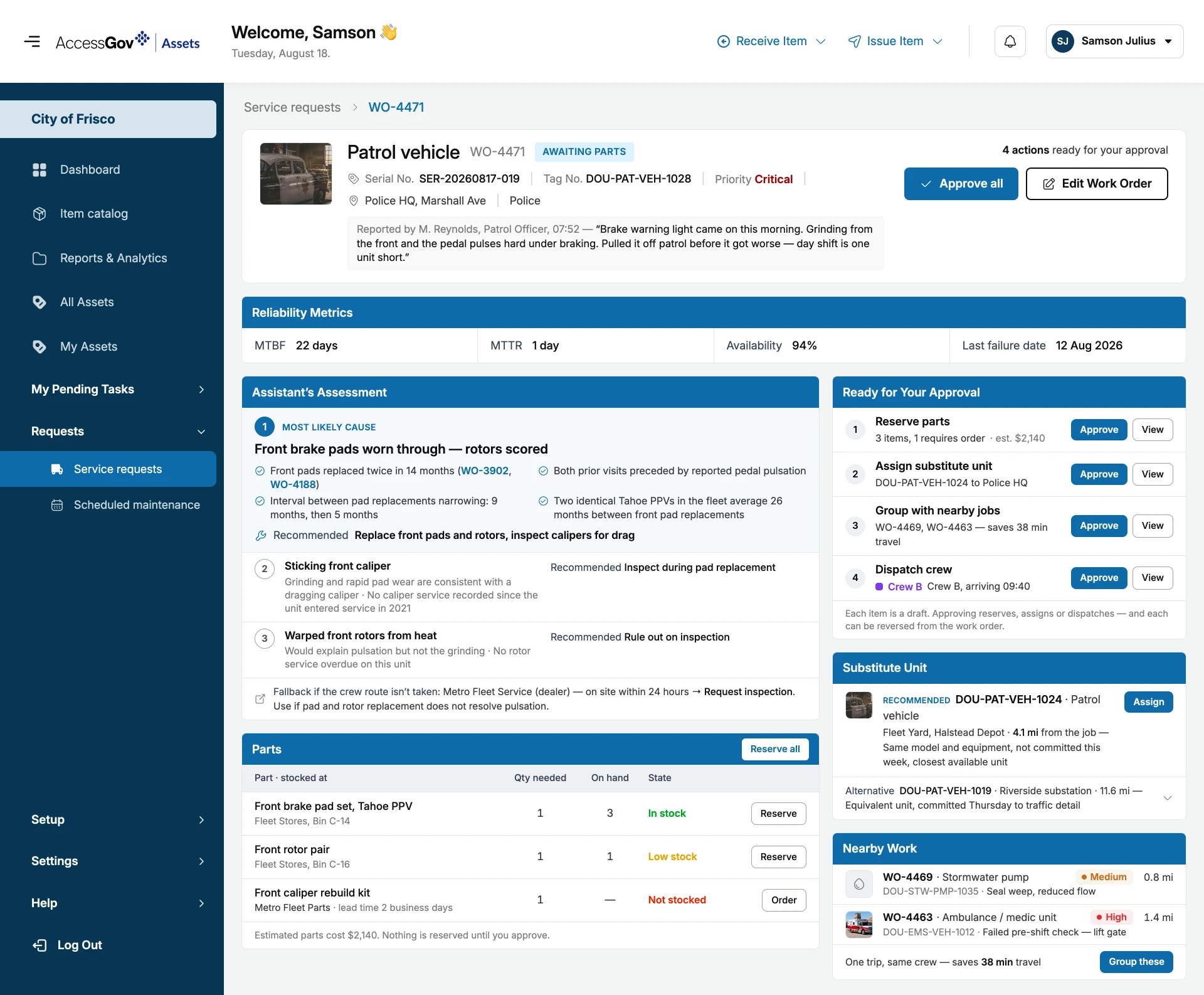 Work order screen with assistant assessment of likely cause, parts availability, substitute unit, and actions ready for approval