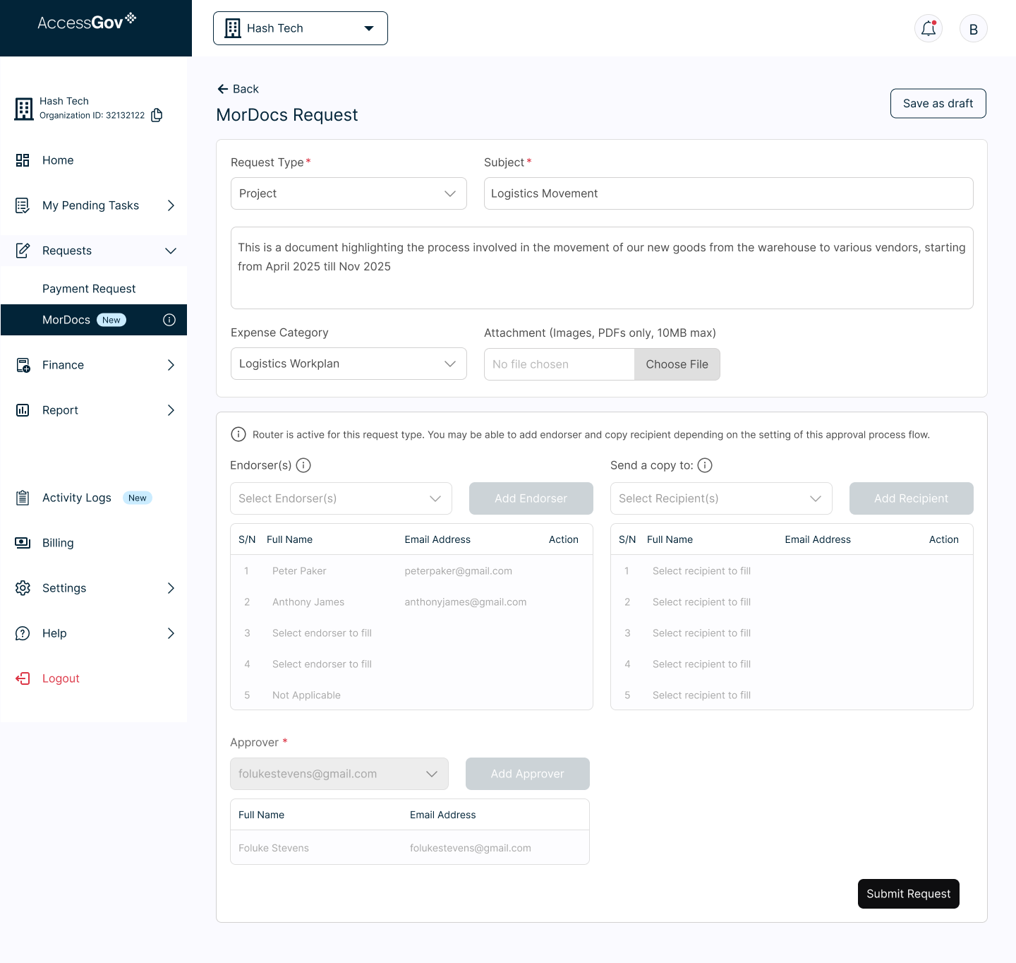 MorDocs request creation screen with request type, endorsers, and approver