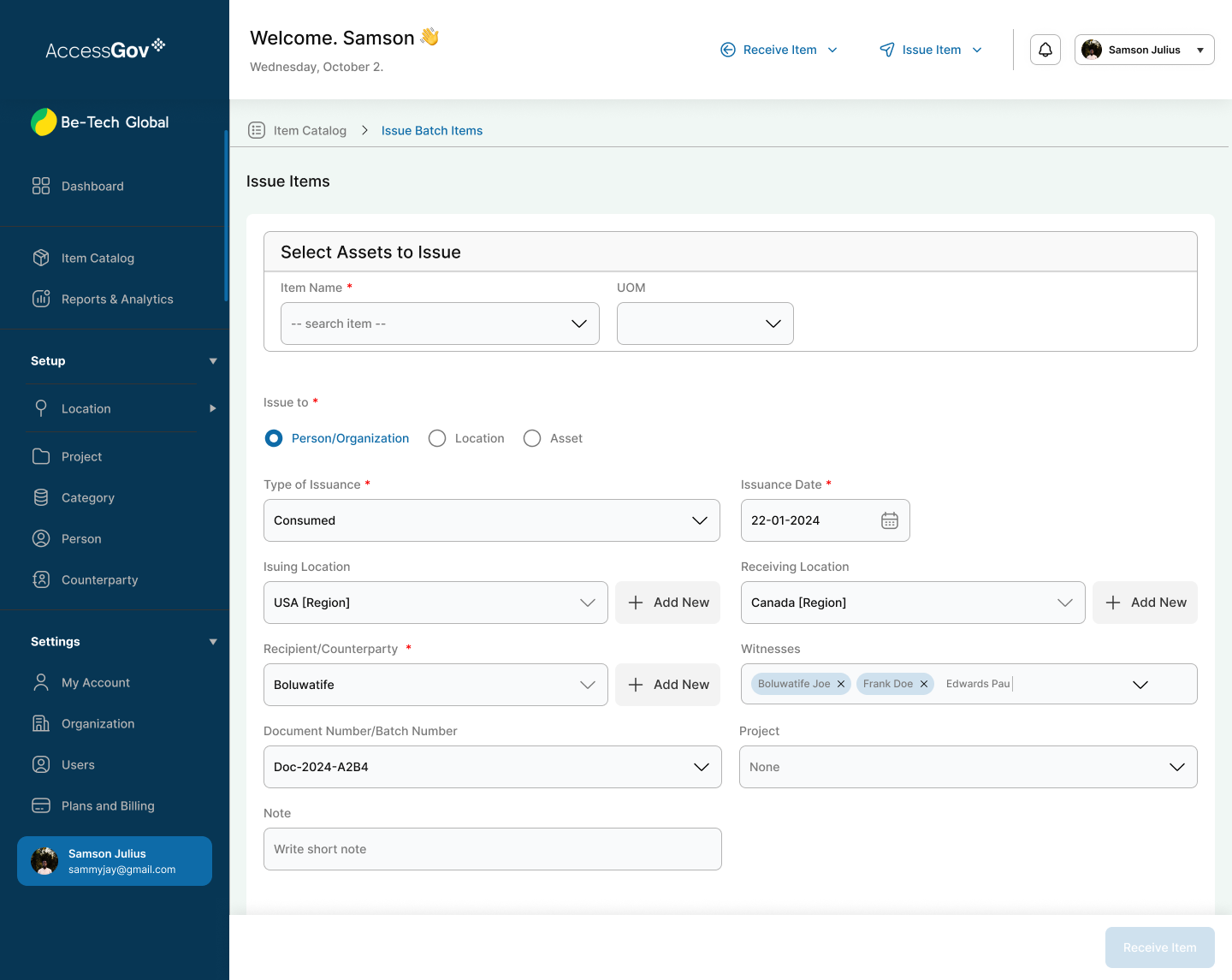 Morvent issue items screen assigning assets to a person, location, or asset with witnesses and issuance details