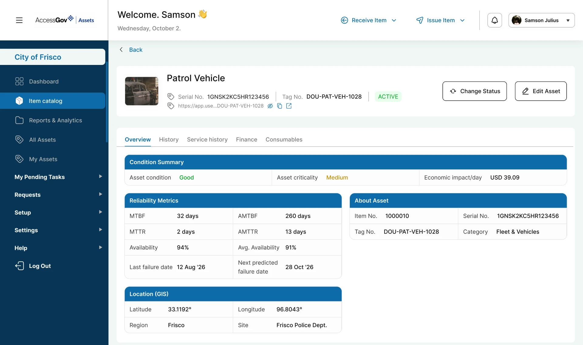 Individual asset record showing condition summary, reliability metrics, about asset details, and GIS location