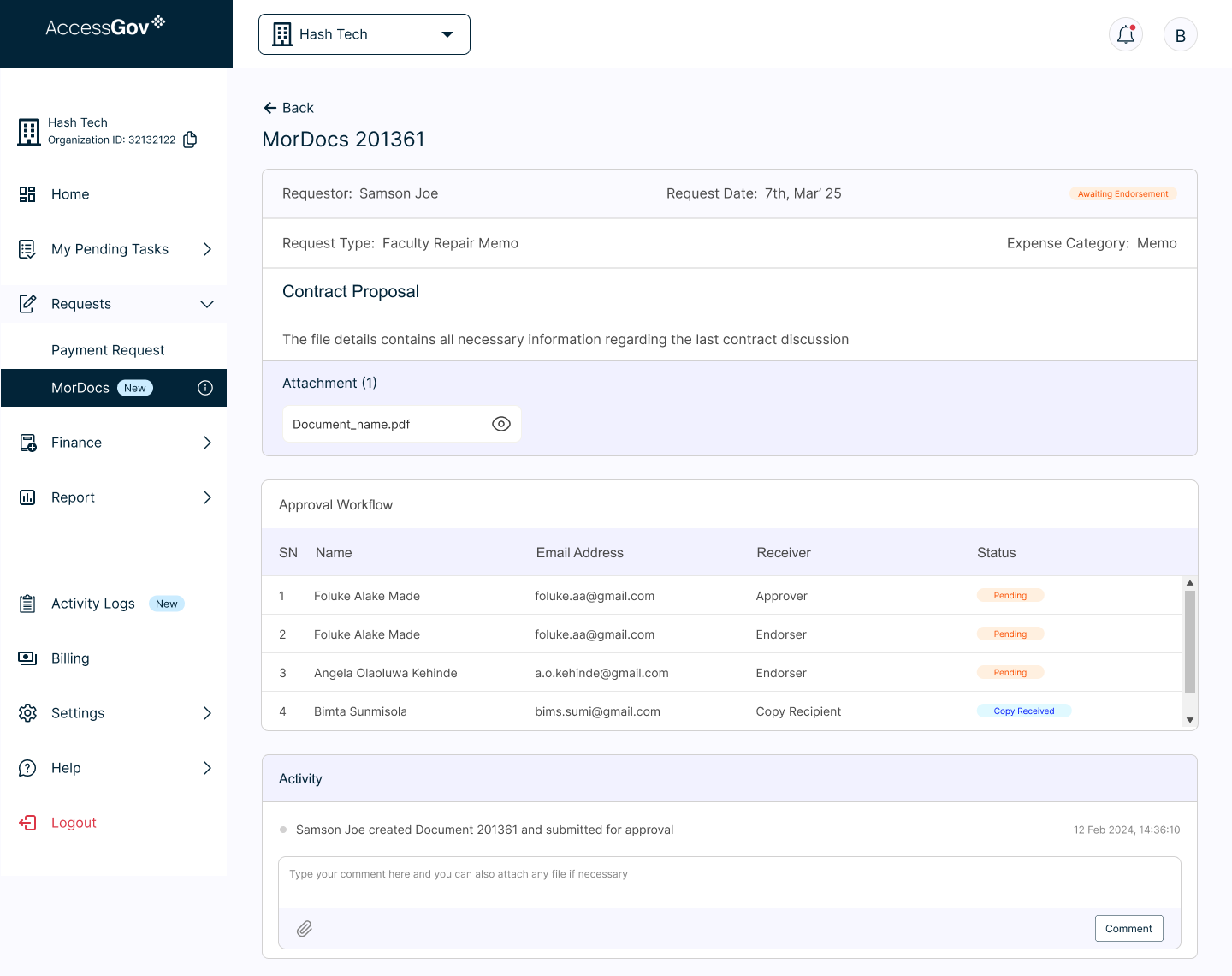 MorDocs request details showing approval workflow status and activity trail