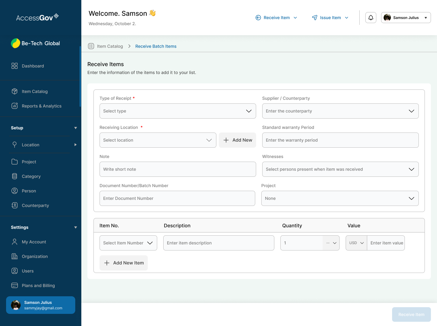 Morvent receive items screen with type of receipt, supplier, receiving location, and item batch entry