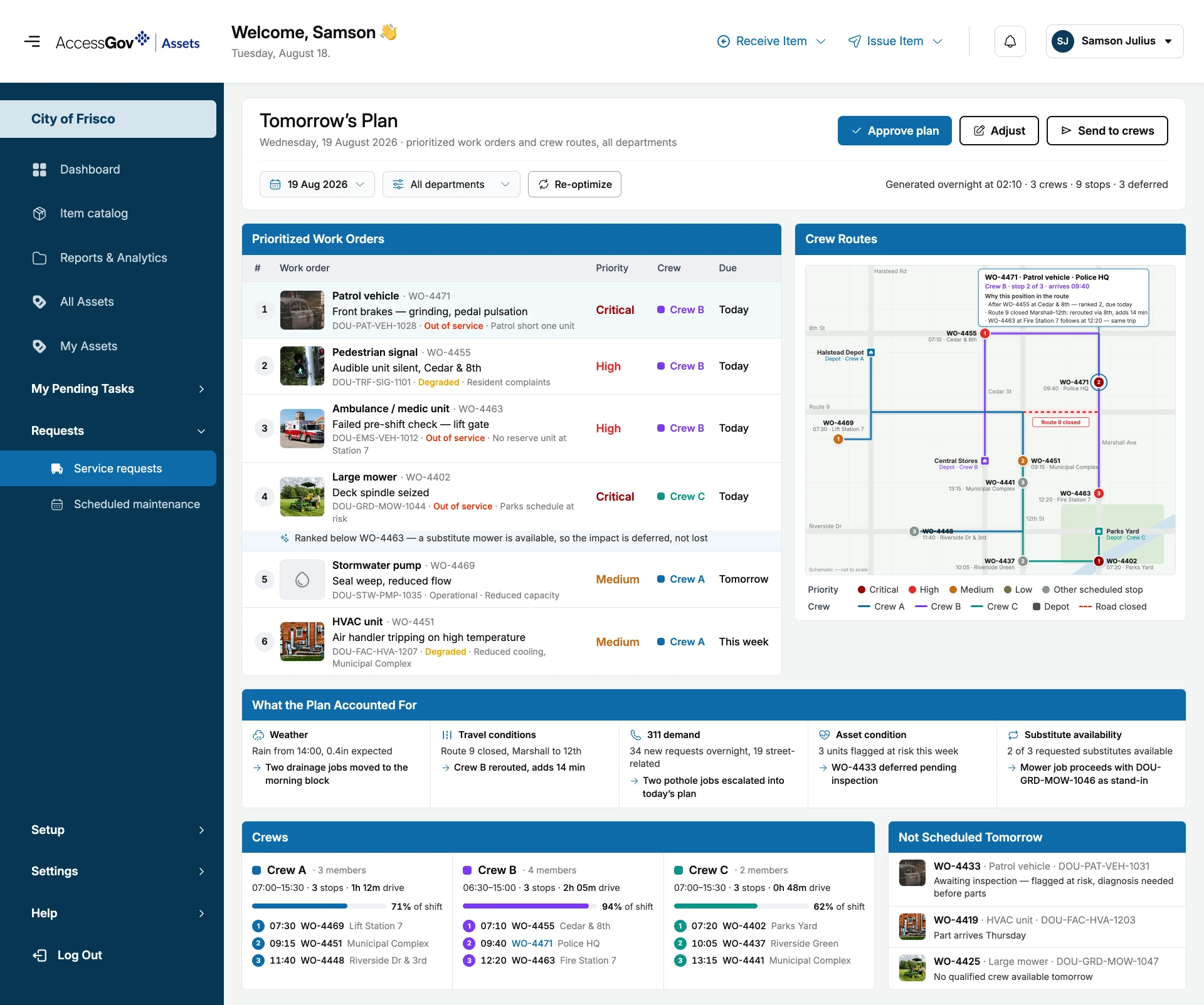 Daily plan screen with prioritised work orders, crew routes map, planning factors, and crew schedules